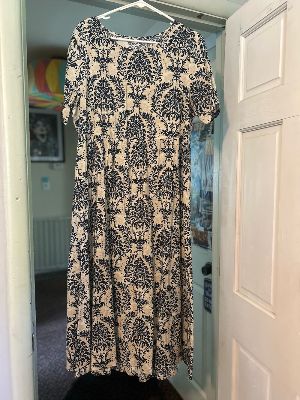 Classic Cream Midi Dress with Navy Floral Damask Print with pockets!